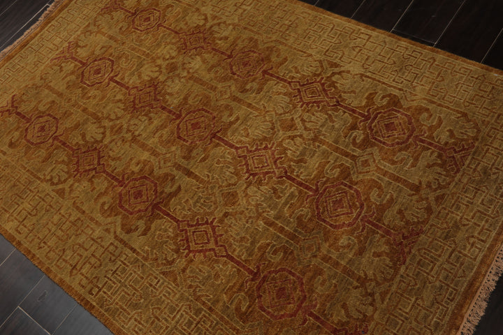 4x6 Gold, Rust, Green Color Hand Knotted Tibetan Wool Transitional Oriental Rug