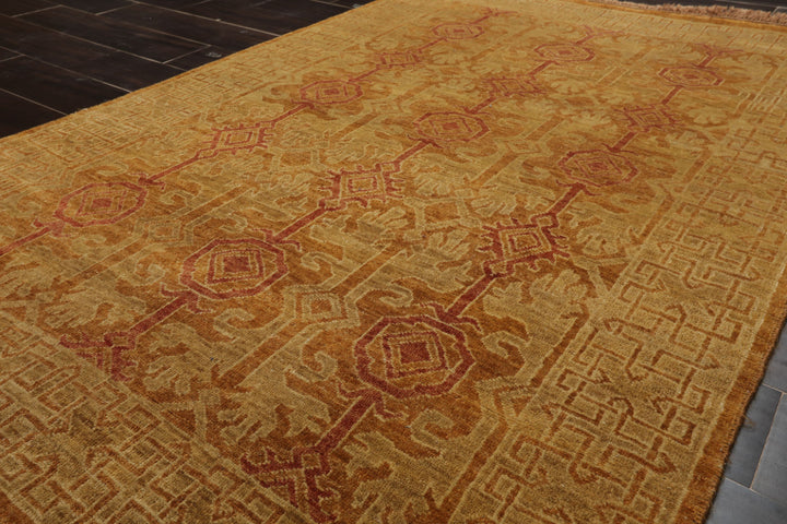 4x6 Gold, Rust, Green Color Hand Knotted Tibetan Wool Transitional Oriental Rug