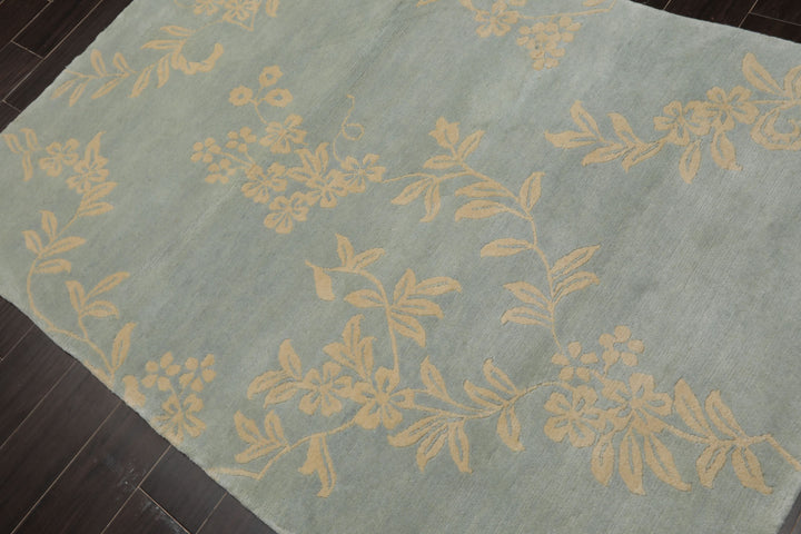 4x6 Aqua, Ivory, Color Hand Knotted Tibetan Wool Transitional Oriental Rug