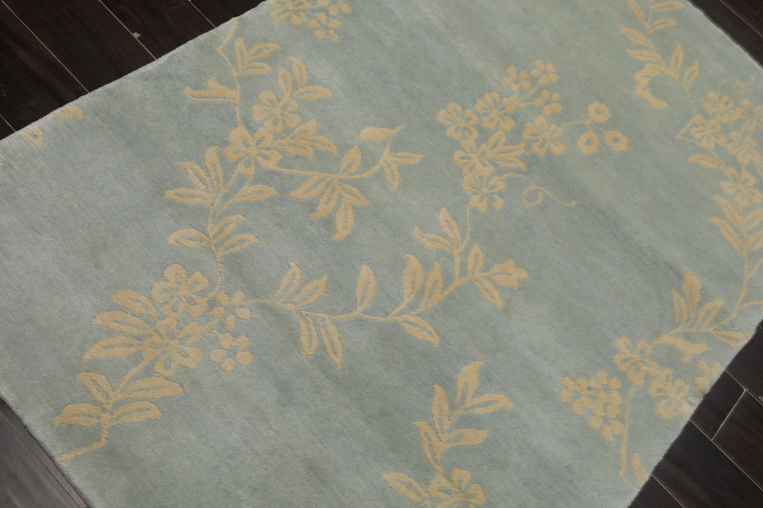 4x6 Aqua, Ivory, Color Hand Knotted Tibetan Wool Transitional Oriental Rug