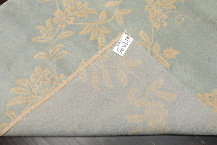 4x6 Aqua, Ivory, Color Hand Knotted Tibetan Wool Transitional Oriental Rug