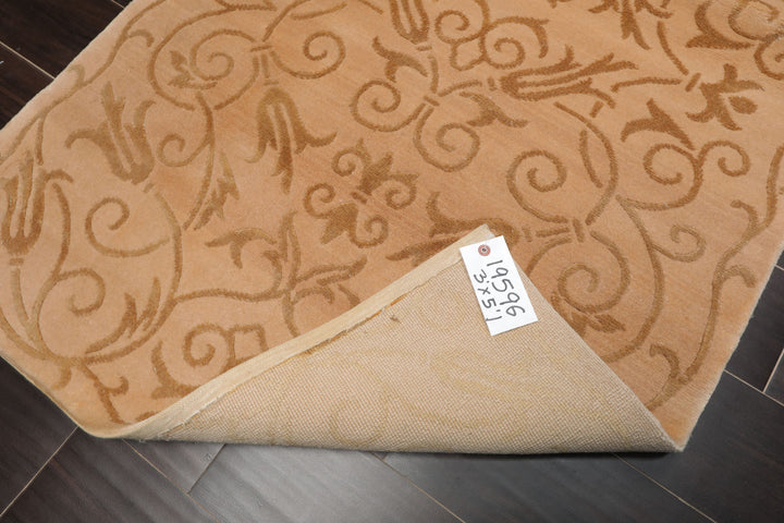 3x5 Tan, Light Peach, Color Hand Knotted Tibetan Wool & Silk Transitional Oriental Rug
