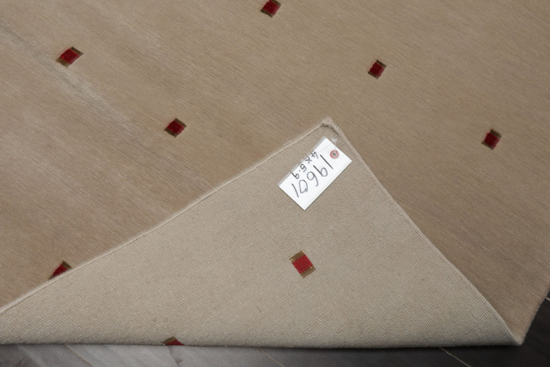 4x6 Beige, Red, Gold Color Hand Knotted Tibetan Wool & Silk Modern & Contemporary Oriental Rug