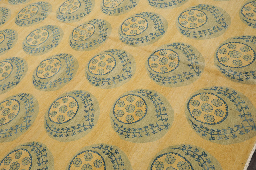 8x9 Light Gold, Mint, Blue Color Hand Knotted Tibetan Wool Transitional Oriental Rug