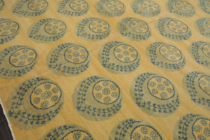 8x9 Light Gold, Mint, Blue Color Hand Knotted Tibetan Wool Transitional Oriental Rug