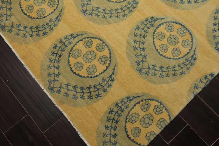8x9 Light Gold, Mint, Blue Color Hand Knotted Tibetan Wool Transitional Oriental Rug