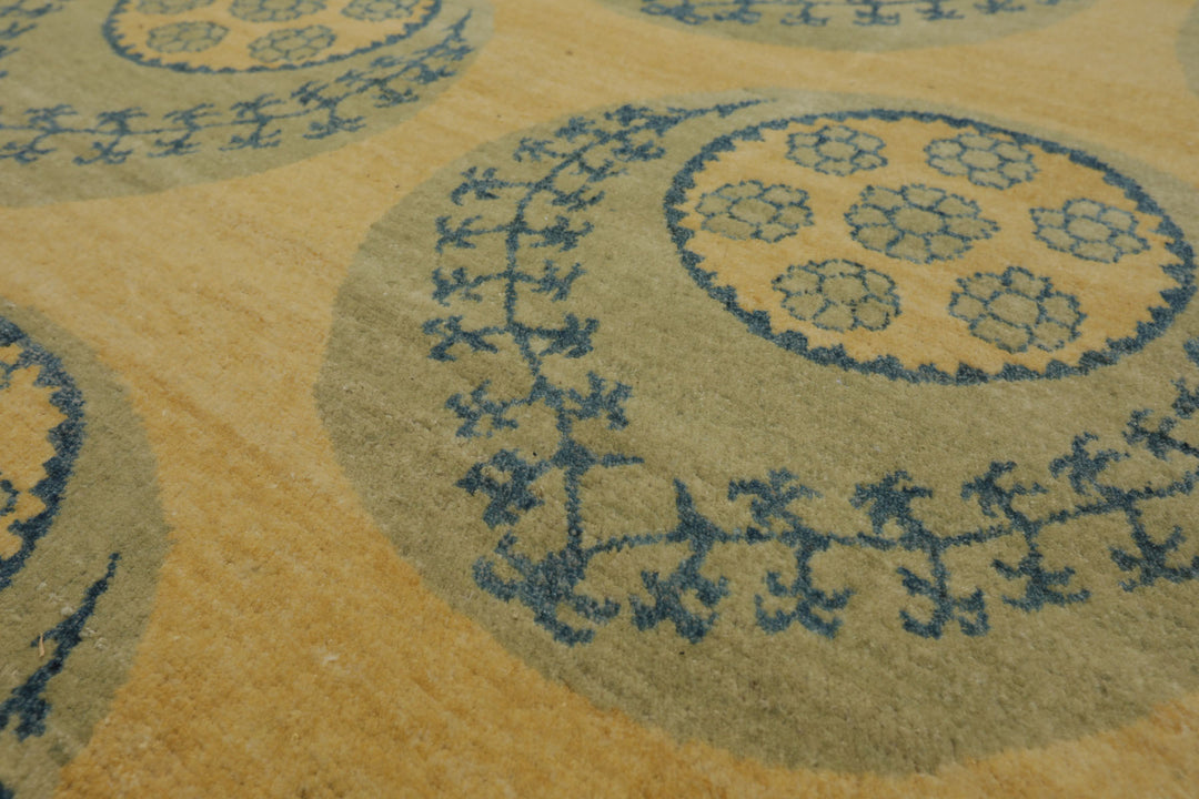 8x9 Light Gold, Mint, Blue Color Hand Knotted Tibetan Wool Transitional Oriental Rug