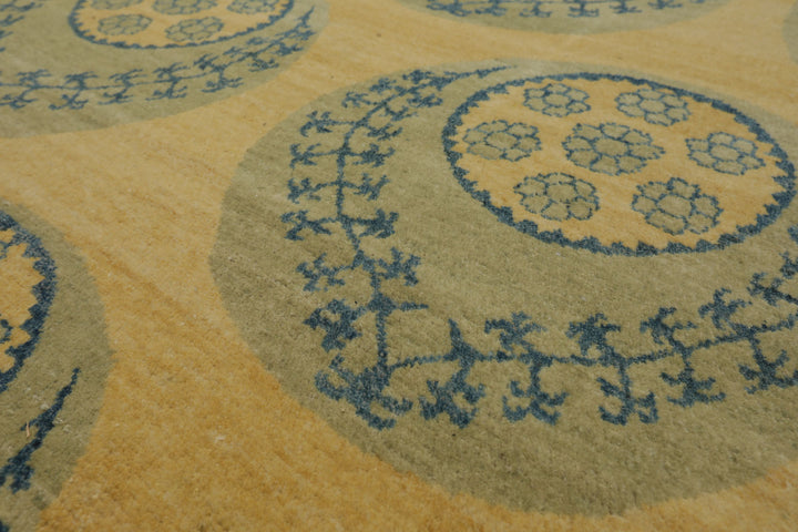 8x9 Light Gold, Mint, Blue Color Hand Knotted Tibetan Wool Transitional Oriental Rug