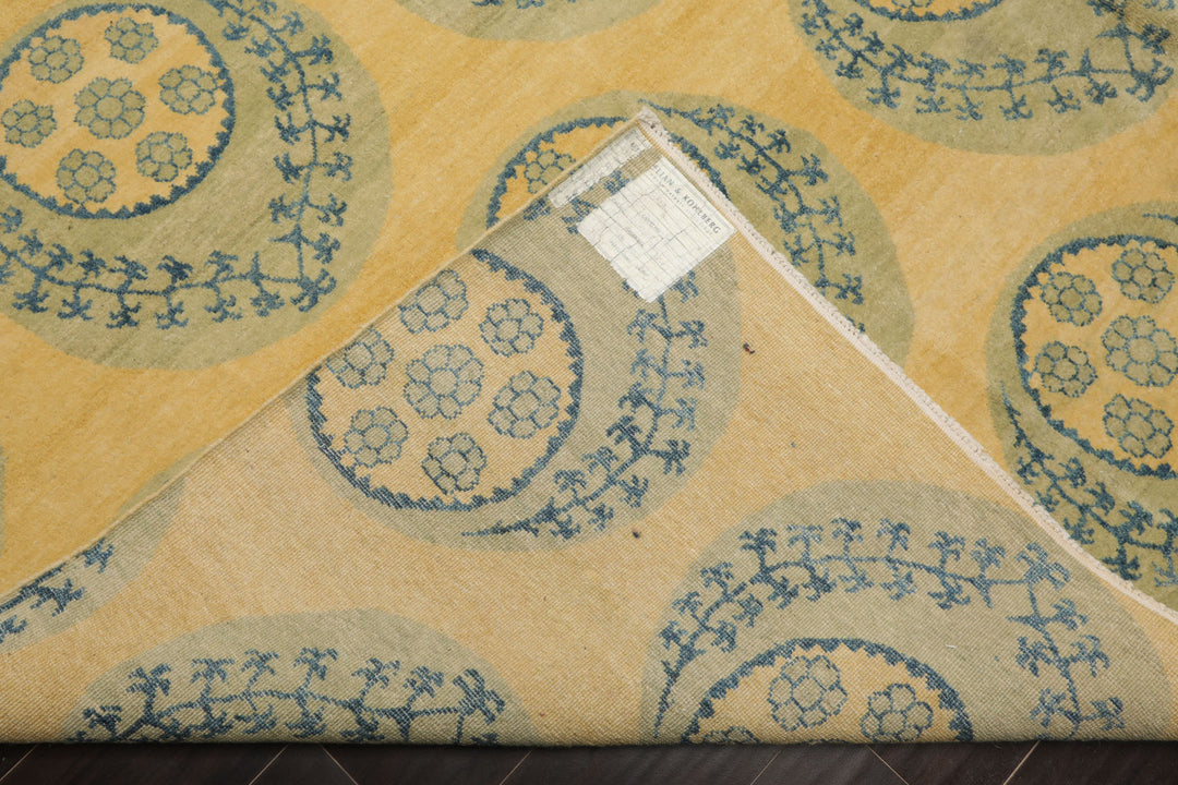 8x9 Light Gold, Mint, Blue Color Hand Knotted Tibetan Wool Transitional Oriental Rug