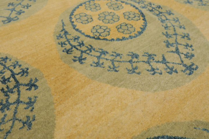 8x9 Light Gold, Mint, Blue Color Hand Knotted Tibetan Wool Transitional Oriental Rug