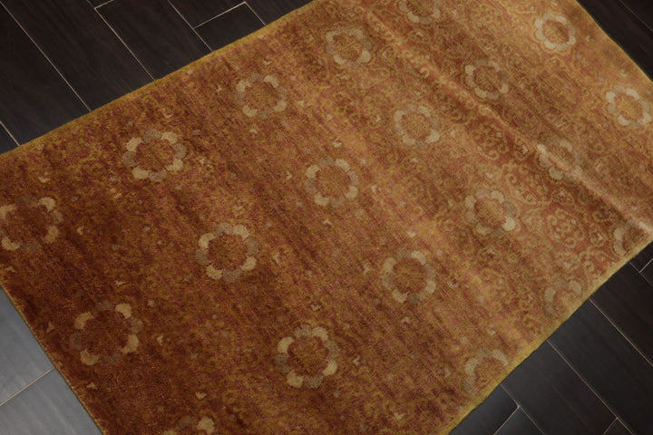 3x5 Rust, Green, Beige Color Hand Knotted Tibetan Wool Transitional Oriental Rug