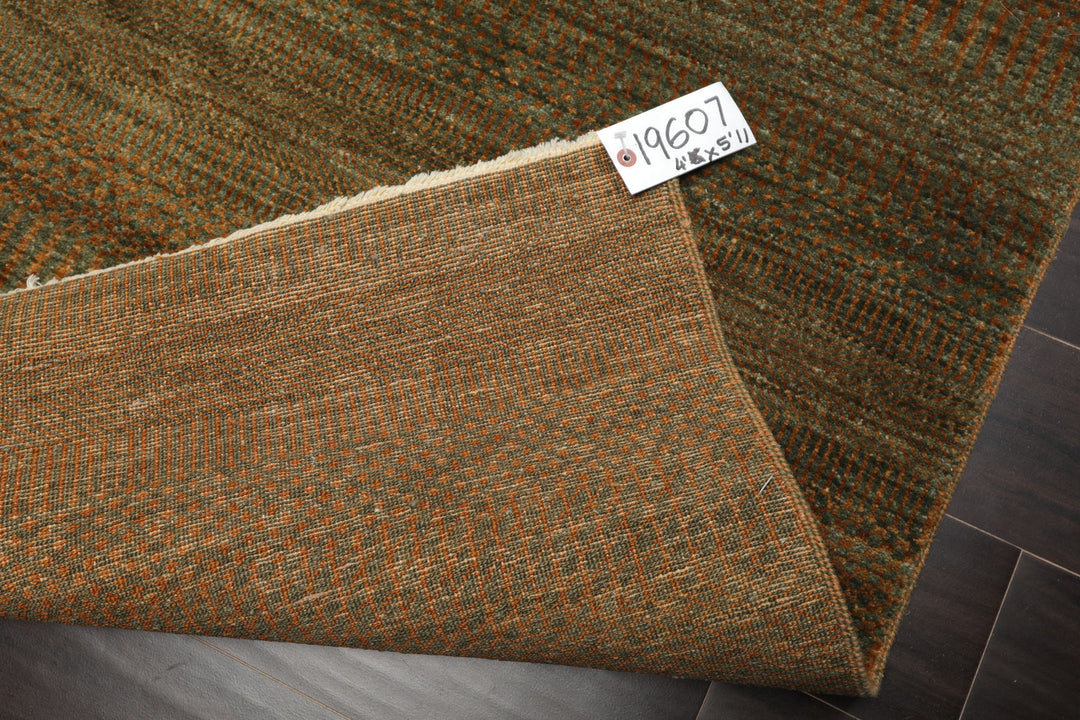 4x6 Green, Brown, Gold Color Hand Knotted Tibetan Wool Modern & Contemporary Oriental Rug