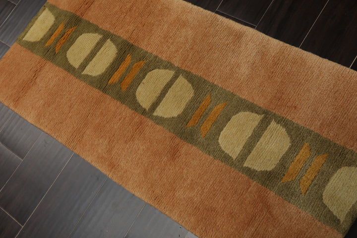 2x4 Peach, Green, Gold Color Hand Knotted Tibetan Wool Modern & Contemporary Oriental Rug