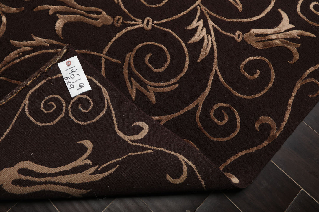 6x9 Chocolate, Tan, Color Hand Knotted Tibetan New Zealand Wool Transitional Oriental Rug