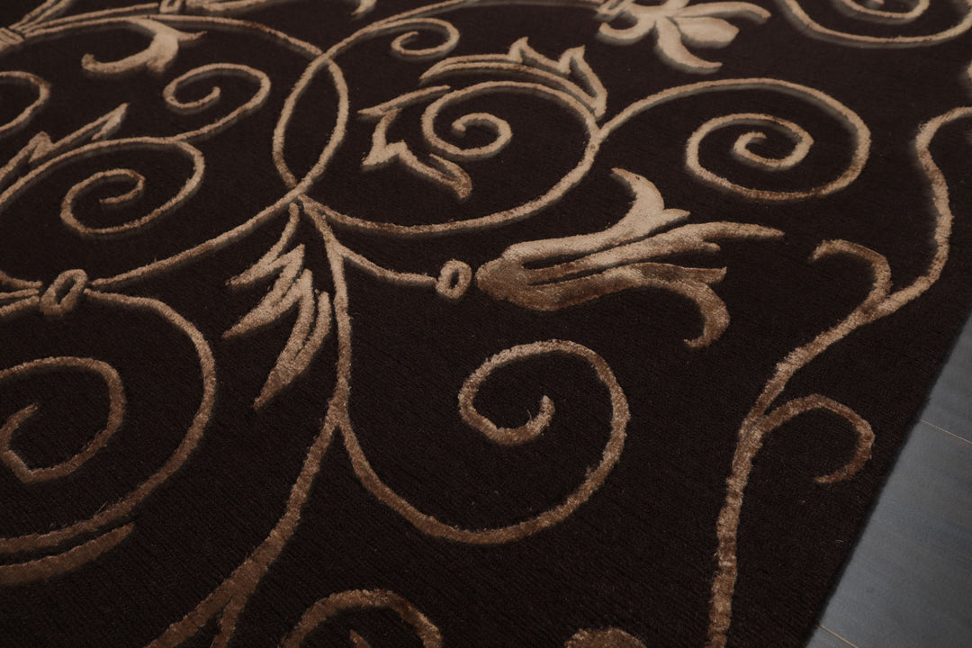 6x9 Chocolate, Tan, Color Hand Knotted Tibetan New Zealand Wool Transitional Oriental Rug