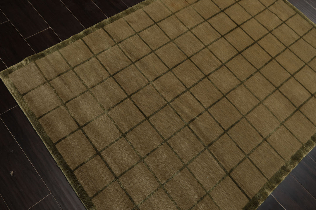 4x6 Moss, Green, Color Hand Knotted Tibetan Wool & Silk Transitional Oriental Rug