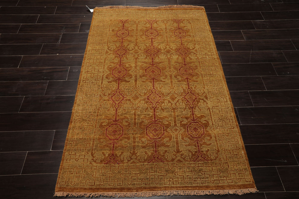4x6 Gold, Rust, Green Color Hand Knotted Tibetan Wool Transitional Oriental Rug