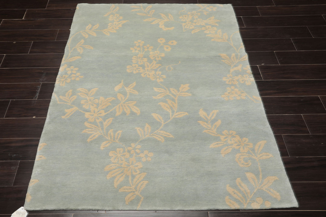 4x6 Aqua, Ivory, Color Hand Knotted Tibetan Wool Transitional Oriental Rug