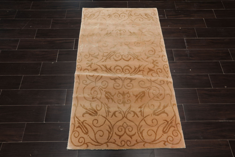 3x5 Tan, Light Peach, Color Hand Knotted Tibetan Wool & Silk Transitional Oriental Rug