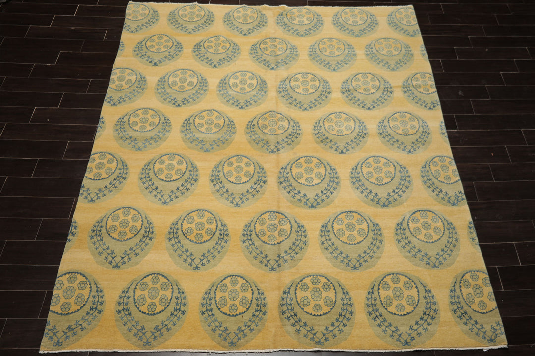 8x9 Light Gold, Mint, Blue Color Hand Knotted Tibetan Wool Transitional Oriental Rug