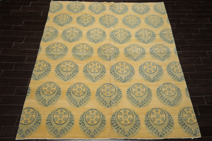 8x9 Light Gold, Mint, Blue Color Hand Knotted Tibetan Wool Transitional Oriental Rug
