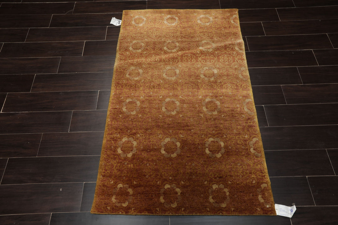 3x5 Rust, Green, Beige Color Hand Knotted Tibetan Wool Transitional Oriental Rug