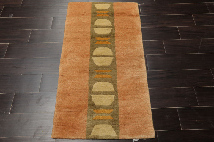 2x4 Peach, Green, Gold Color Hand Knotted Tibetan Wool Modern & Contemporary Oriental Rug