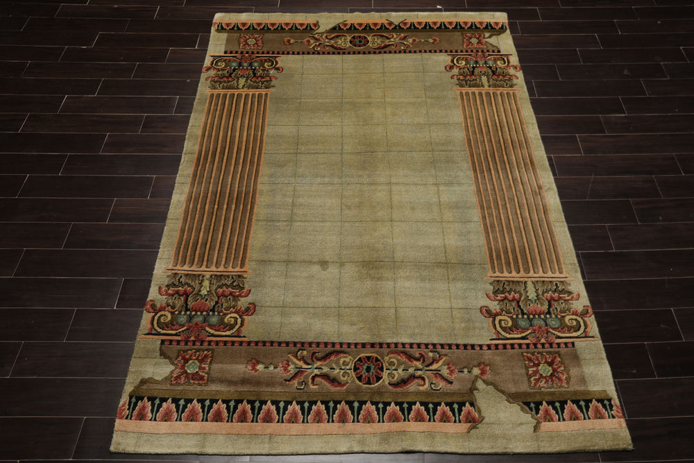6x9 Mint, Brown, Rose Color Hand Knotted Tibetan New Zealand Wool Traditional Oriental Rug