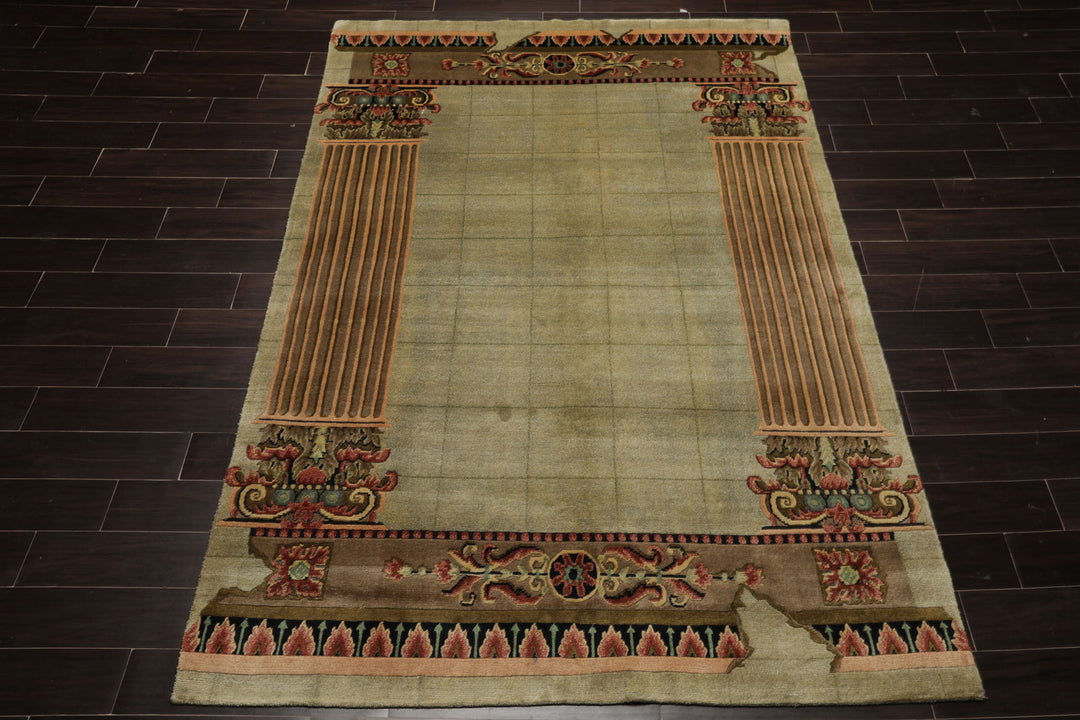 6x9 Mint, Brown, Rose Color Hand Knotted Tibetan New Zealand Wool Traditional Oriental Rug