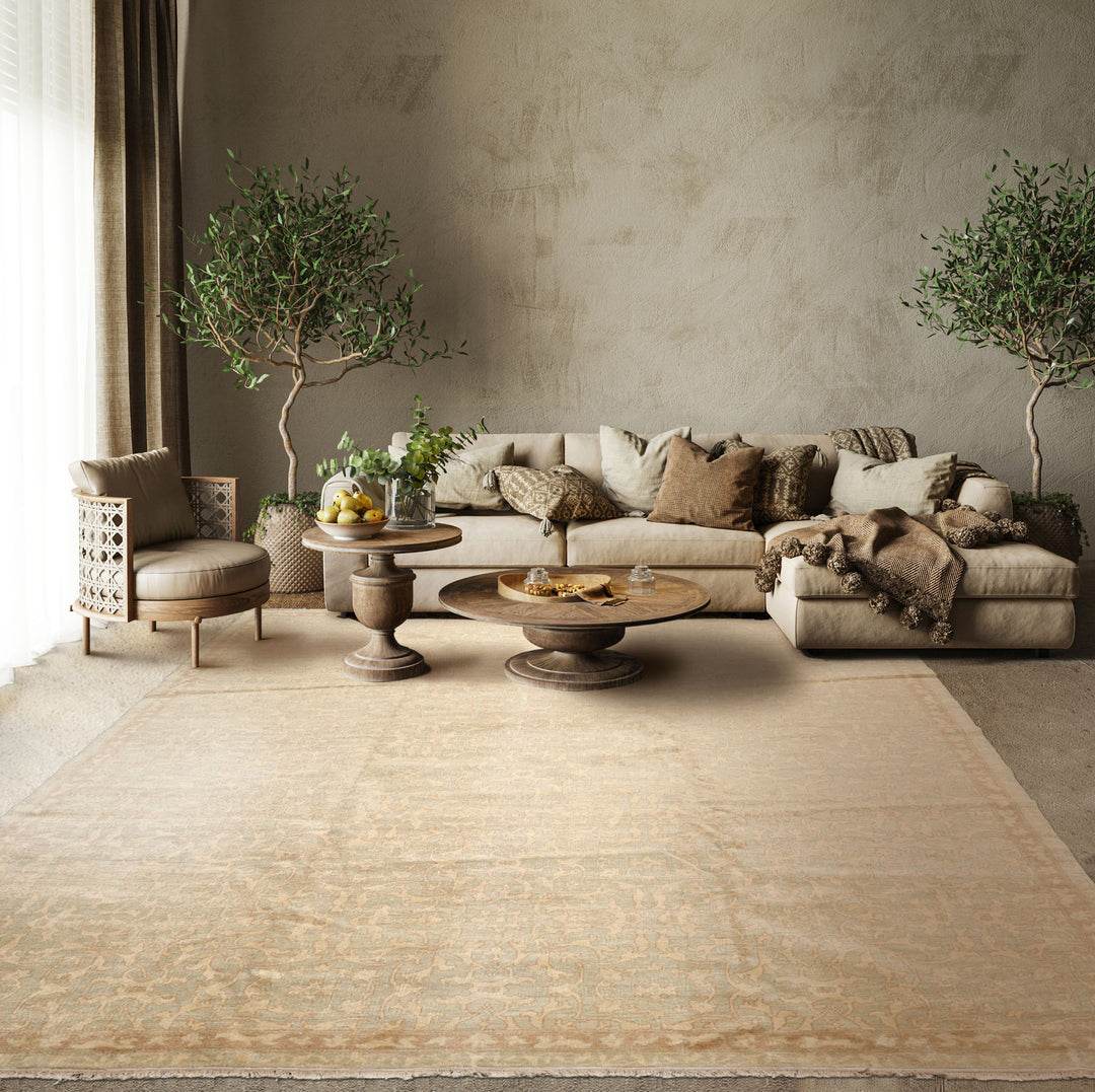 9x12 Gold, Beige, Tan Color Hand Knotted All-Over 100% Wool Contemporary Oriental Rug