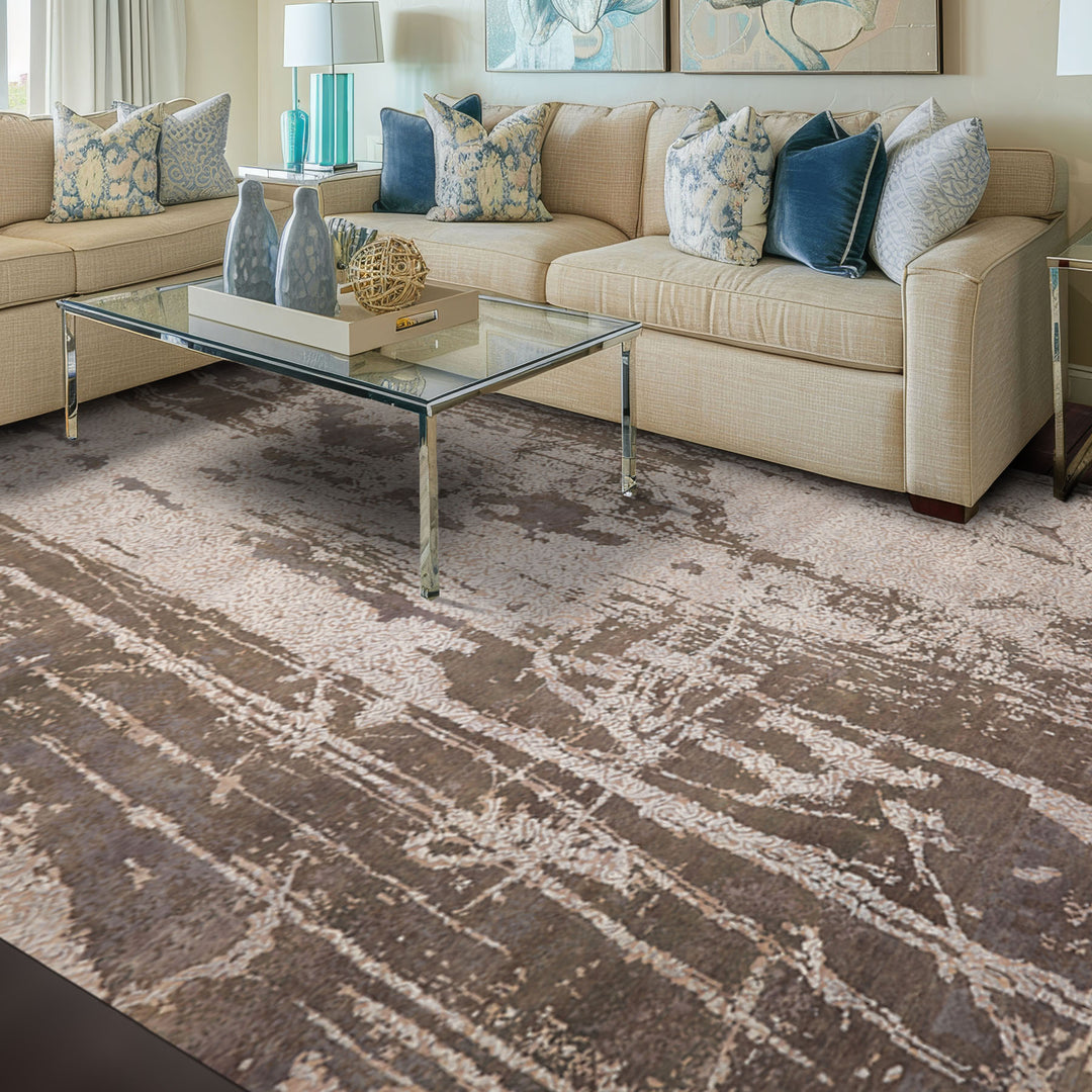 8x10 Brown, Beige, Gray Color Hand Knotted All-Over Wool & Silk Contemporary Oriental Rug