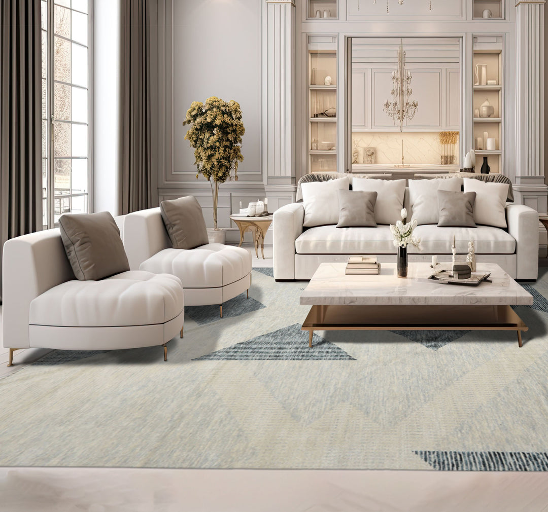 9x12 Ivory, Gray, Blue Color Hand Knotted Tibetan 100% Wool Modern Oriental Rug