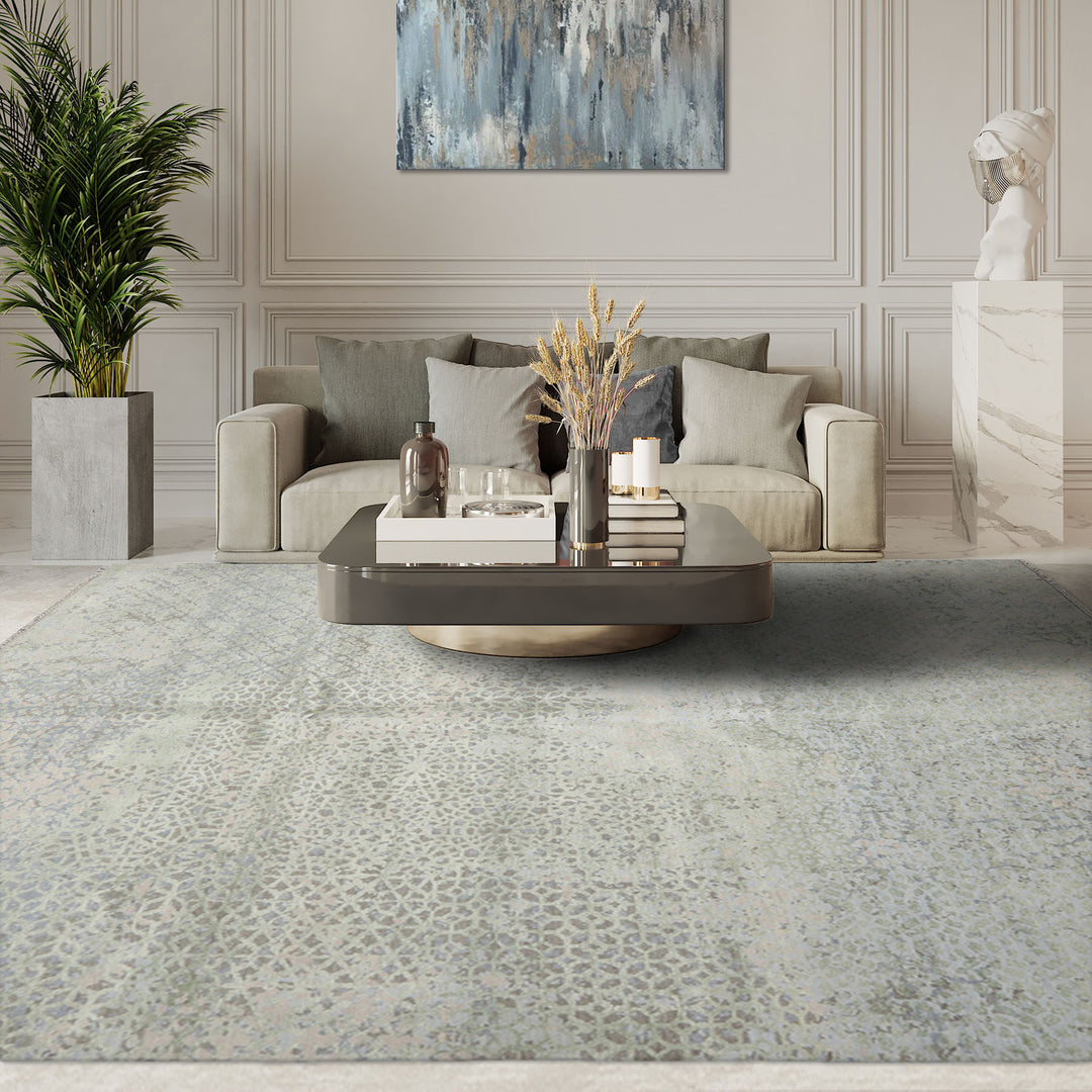 8x10 Beige, Taupe, Green Color Hand Knotted Tibetan Wool & Silk Modern Oriental Rug
