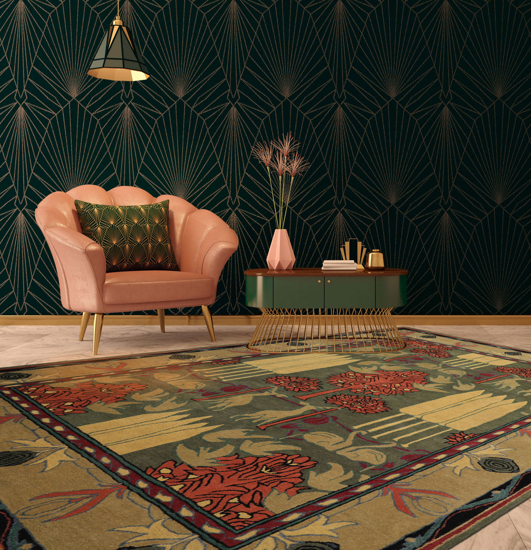 8x10 Green, Gold, Blush Color Hand Tufted Pictorial Wool Arts & Crafts/Mission Oriental Rug