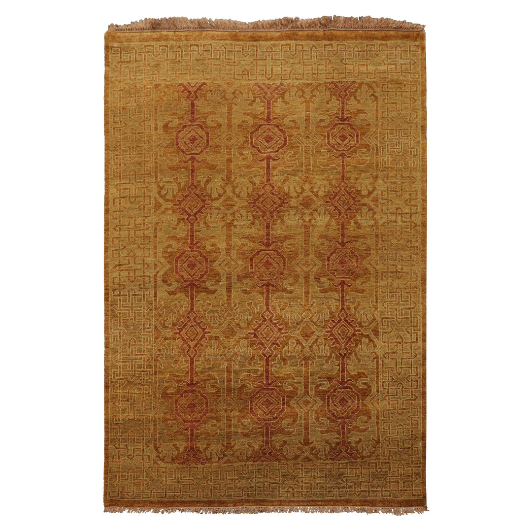 4x6 Gold, Rust, Green Color Hand Knotted Tibetan Wool Transitional Oriental Rug