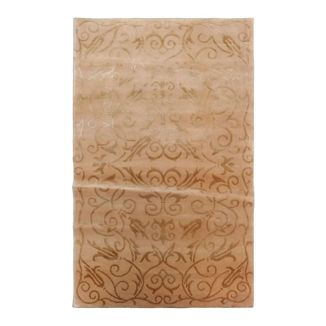 3x5 Tan, Light Peach, Color Hand Knotted Tibetan Wool & Silk Transitional Oriental Rug