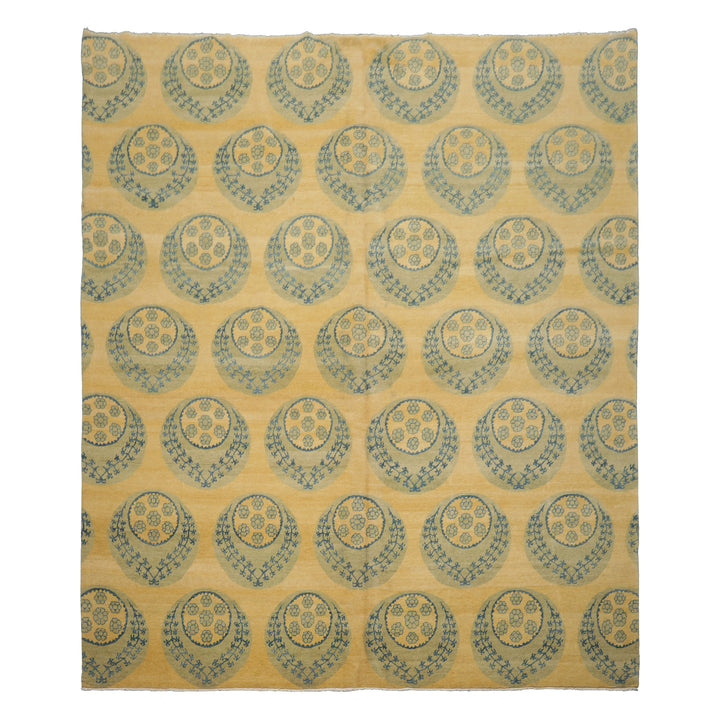 8x9 Light Gold, Mint, Blue Color Hand Knotted Tibetan Wool Transitional Oriental Rug