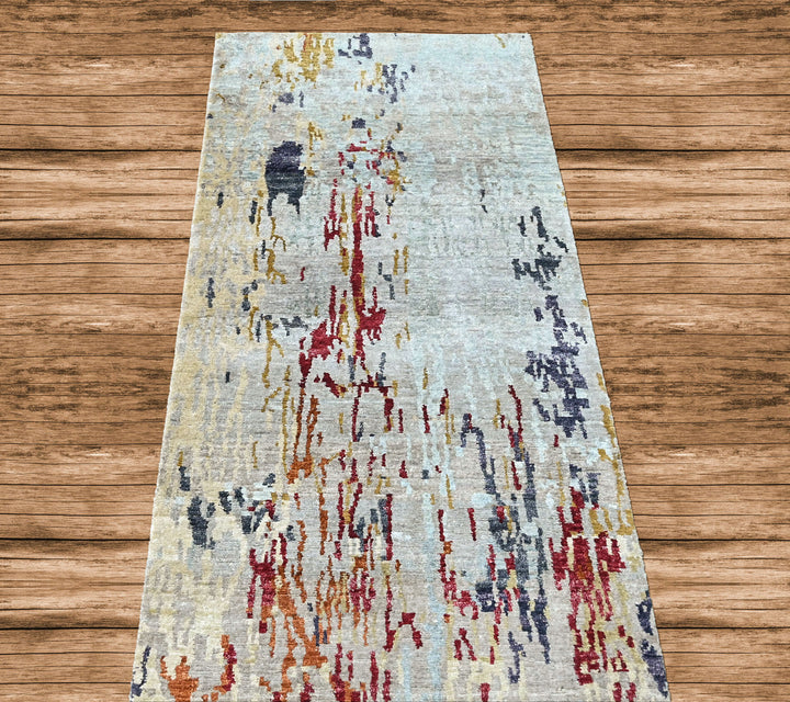 2'6x10 Blue, Slate, Rust Color Hand Knotted Tibetan Wool  Oriental Rug