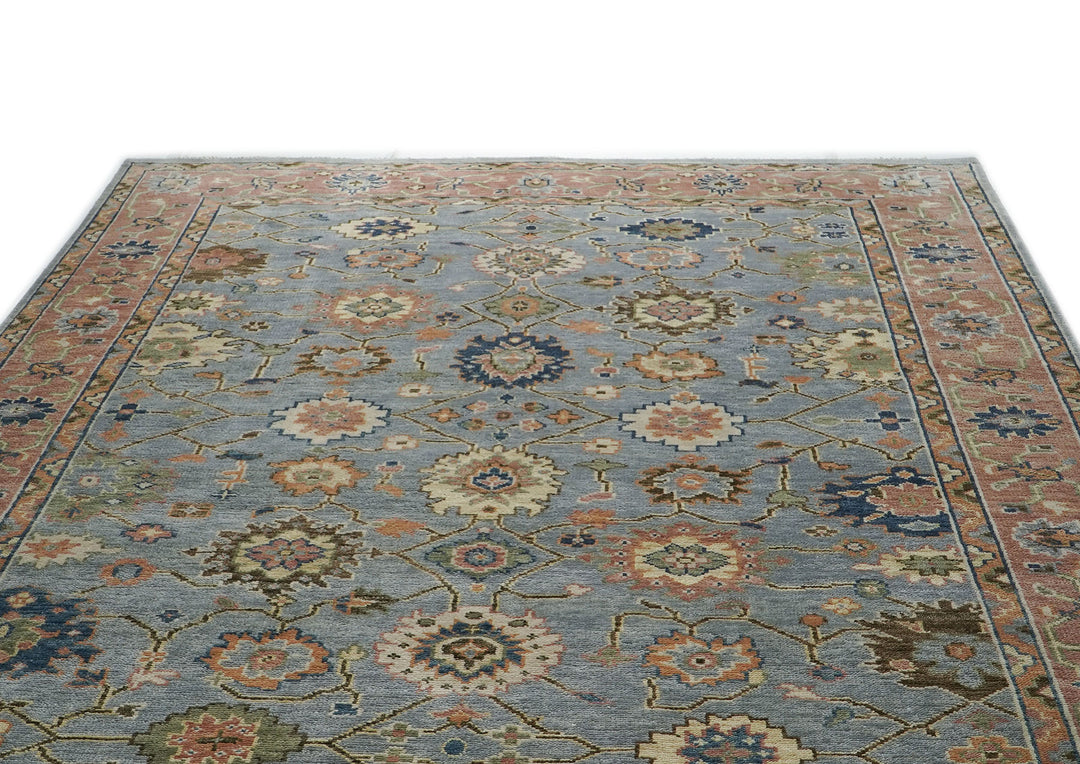 10x14 Blue, Peach, Lime Color Hand Knotted Oushak Wool Arts and Crafts Oriental Rug