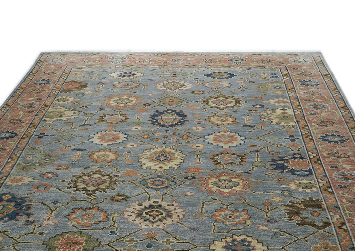 10x14 Blue, Peach, Lime Color Hand Knotted Oushak Wool Arts and Crafts Oriental Rug