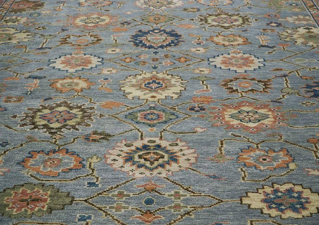 10x14 Blue, Peach, Lime Color Hand Knotted Oushak Wool Arts and Crafts Oriental Rug