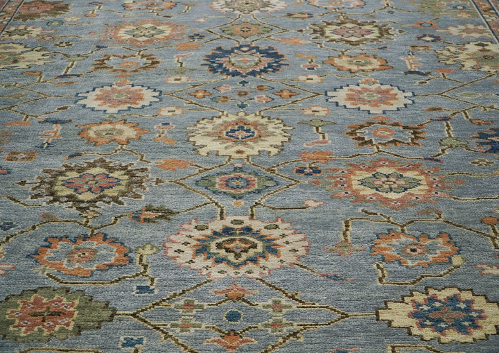 10x14 Blue, Peach, Lime Color Hand Knotted Oushak Wool Arts and Crafts Oriental Rug