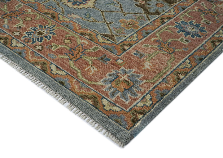 10x14 Blue, Peach, Lime Color Hand Knotted Oushak Wool Arts and Crafts Oriental Rug