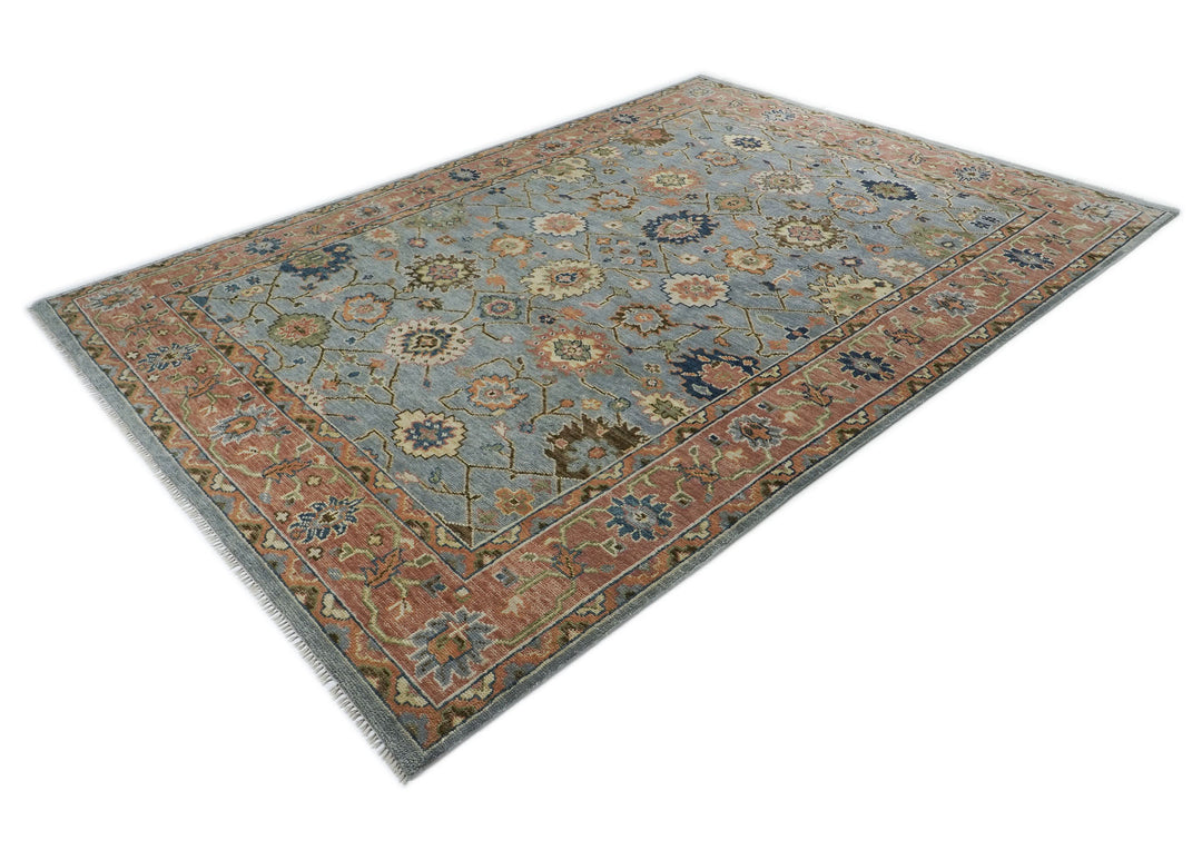 10x14 Blue, Peach, Lime Color Hand Knotted Oushak Wool Arts and Crafts Oriental Rug