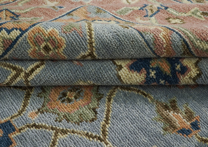 10x14 Blue, Peach, Lime Color Hand Knotted Oushak Wool Arts and Crafts Oriental Rug