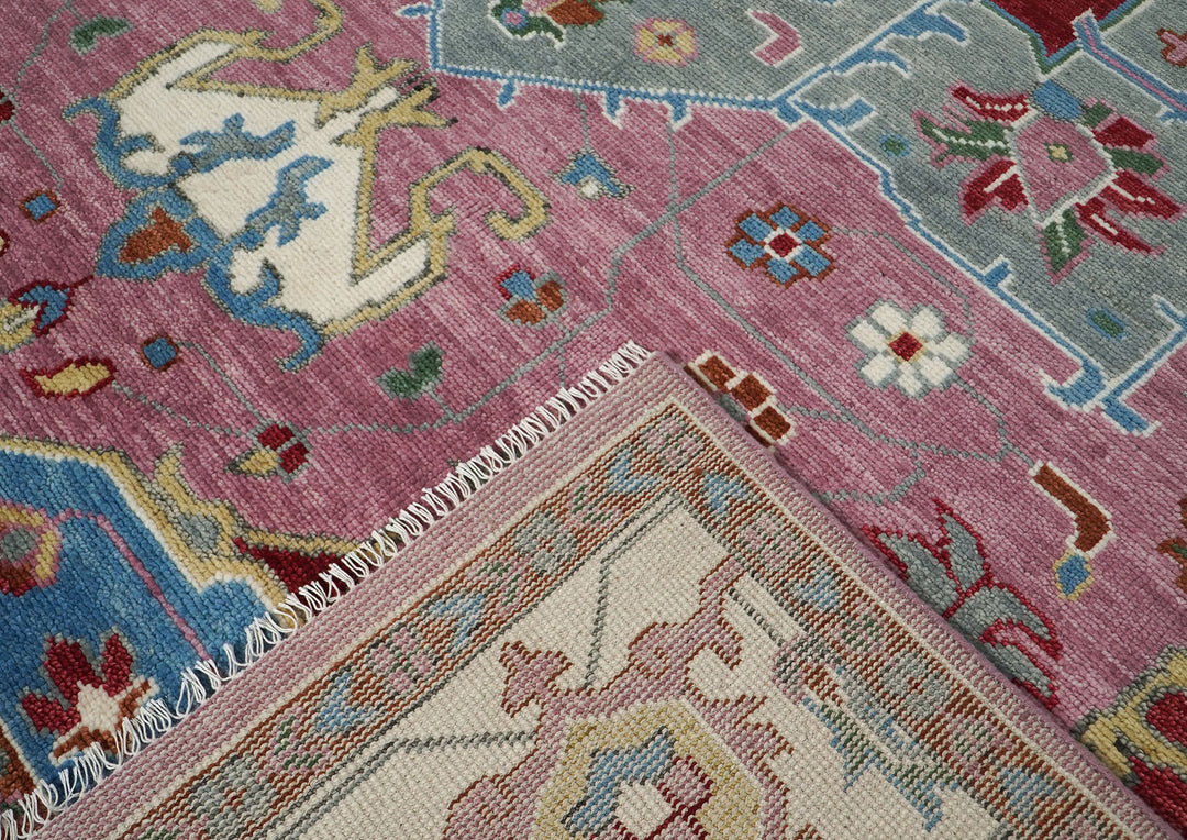 Palace Pink, Ivory, Red Color Hand Knotted Oushak Wool  Oriental Rug