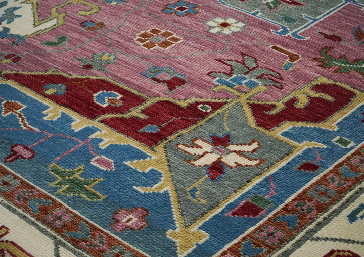 Palace Pink, Ivory, Red Color Hand Knotted Oushak Wool  Oriental Rug