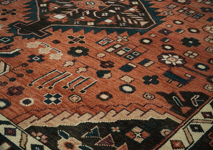 Palace Burnt Orange, Chocolate, Teal Color Hand Knotted Oushak Wool Traditional Oriental Rug