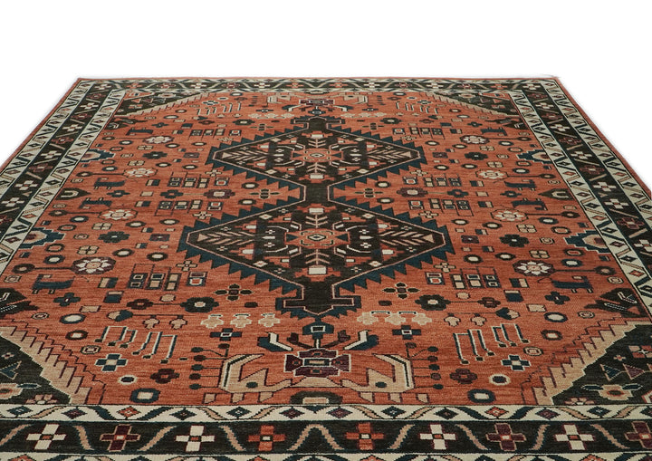 Palace Burnt Orange, Chocolate, Teal Color Hand Knotted Oushak Wool Traditional Oriental Rug