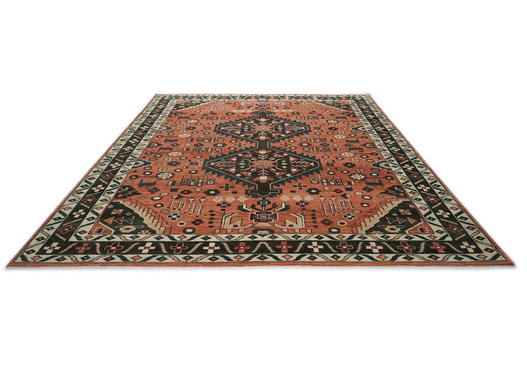 Palace Burnt Orange, Chocolate, Teal Color Hand Knotted Oushak Wool Traditional Oriental Rug